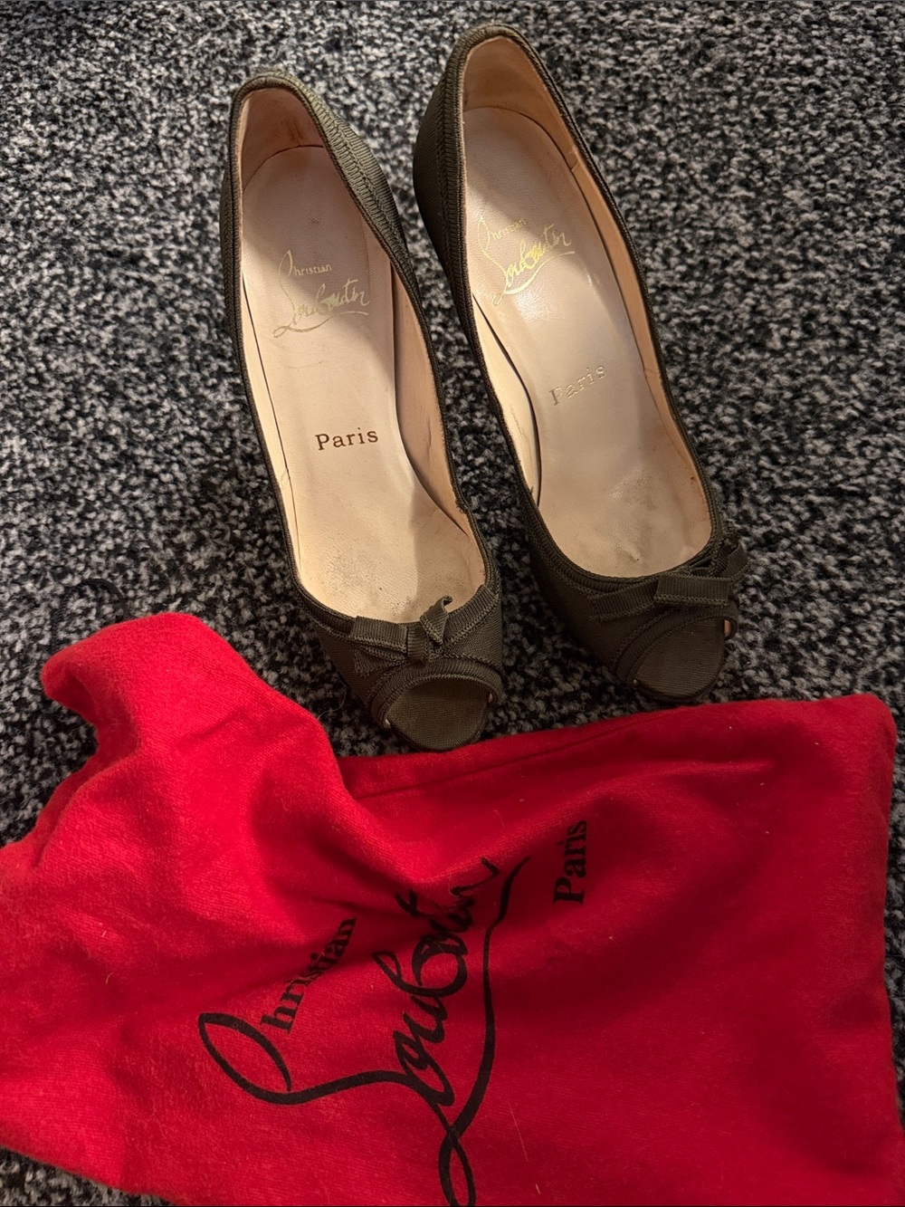 Christian Louboutin Olive Green Peep-Toe Bow Pumps